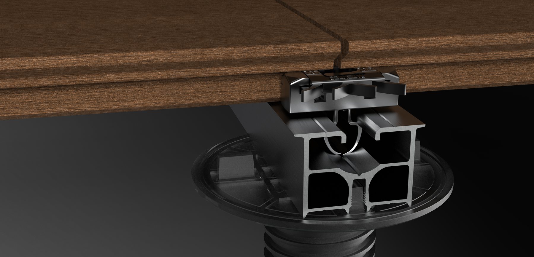 Exterpark Shark Clip holding a deck board on an aluminum joist and adjustable pedestal