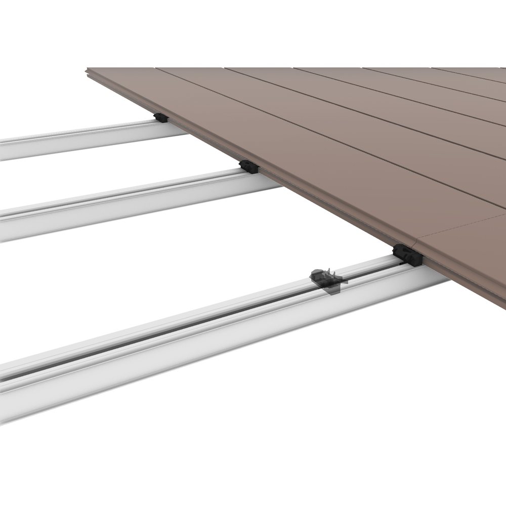 Shark clips installed along aluminum joists under composite deck boards